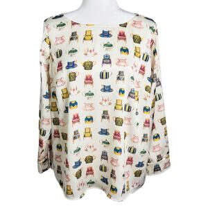 Talbots Women's Vtg Blouse Xp Ivory Tea Cup Antique Chair Poly Satin Long Sleeve